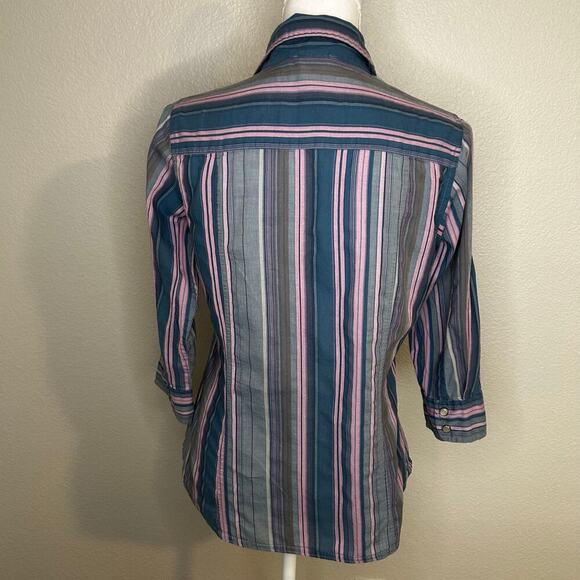 The North Face women's organic cotton striped snap button down 3/4 sleeve size M - Picture 6 of 14